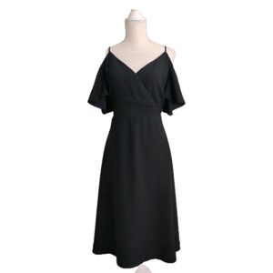 Ann Taylor Black Midi Dress Cold Shoulder Flutter Sleeve Tie Bow Women's Size 6